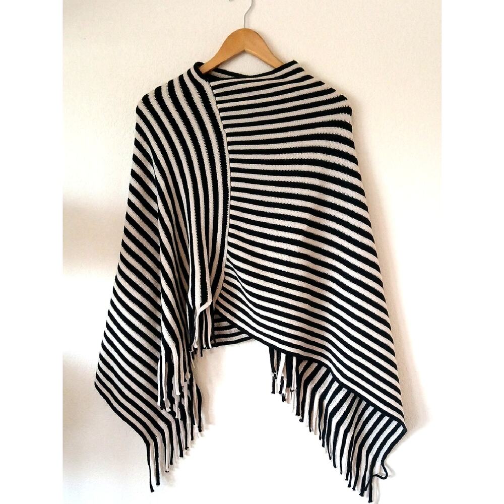 Black And White Striped Shawl With Fringe